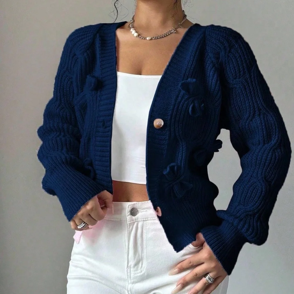 Classic Solid Bow Detail Button Down Fitted Cardigan